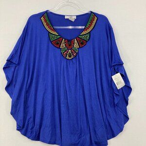 New Moa Moa size 2X Royal Blue Embroidered Detail Stretch Knit Relaxed Blouse